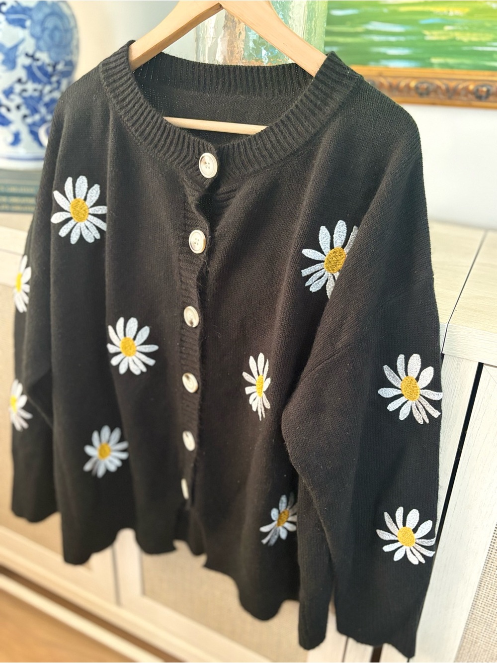 Black Daisy 90’s Button-Front Vintage Women's Sweater Cardigan - Picture 3 of 6